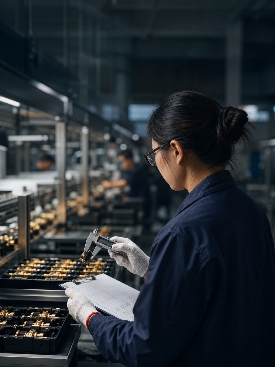 Quality-control specialist inspecting components on a factory production line