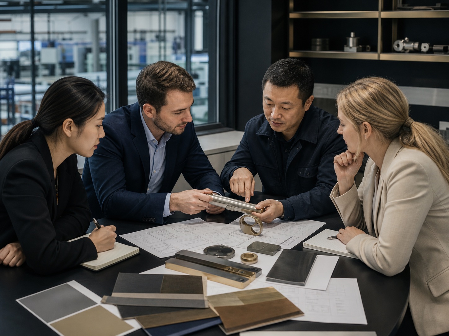 Sourcing team and factory representative reviewing a product sample and specifications